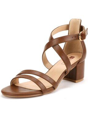 Women's Brown Comfortable Open Block Toe Ankle Strap Low Chunky Heeled Sandals
